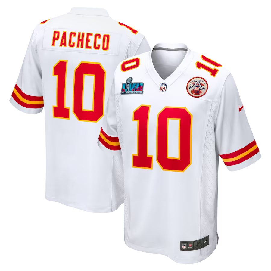 Men's Kansas City Chiefs Isiah Pacheco #10 White Super Bowl LVII Patch Away Jersey